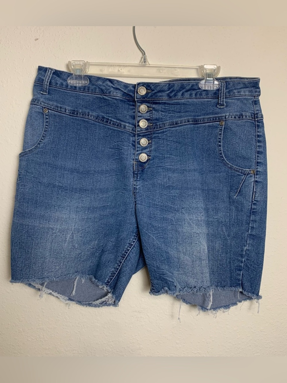 ellos Medium Blue High-Rise‎ Button-Fly Denim Shorts 15 Fringe hem
